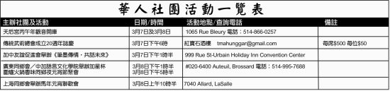華人社團活動一覽表